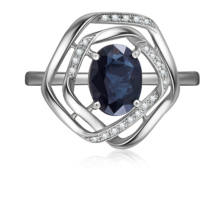 Кольцо из белого золота с бриллиантами, сапфиром