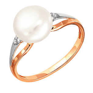 Кольцо из красного золота с жемчугом и фианитом