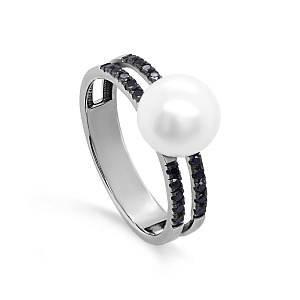 Кольцо из белого золота с жемчугом, сапфирами