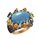 Кольцо из желтого золота с бриллиантами, бирюзой