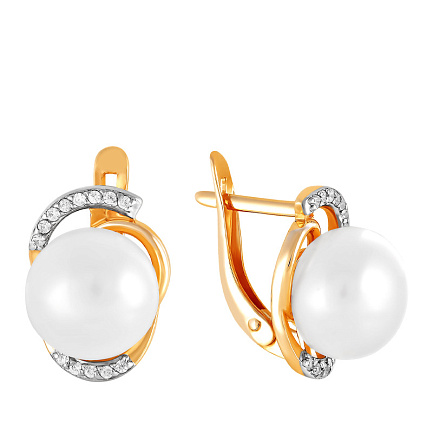 Серьги из красного золота с жемчугом, фианитом