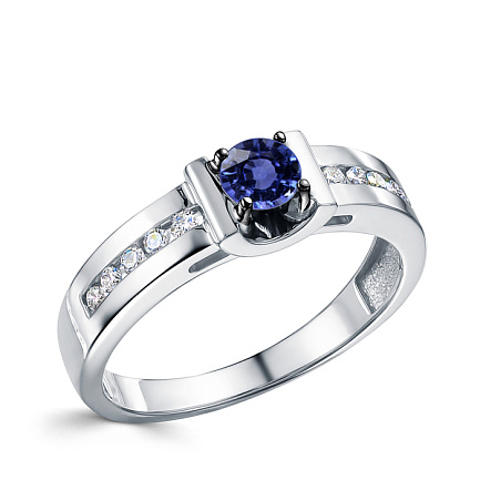 Кольцо из белого золота с бриллиантами, сапфиром
