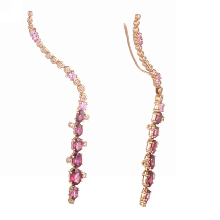 Серьги из красного золота с бриллиантами, родолитами