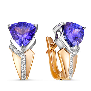 Серьги с английским замком из красного золота с бриллиантами, танзанитами