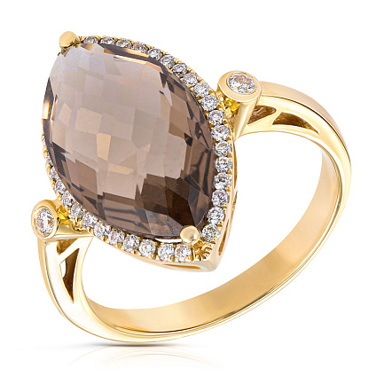 Кольцо из желтого золота с бриллиантами, раухтопазом