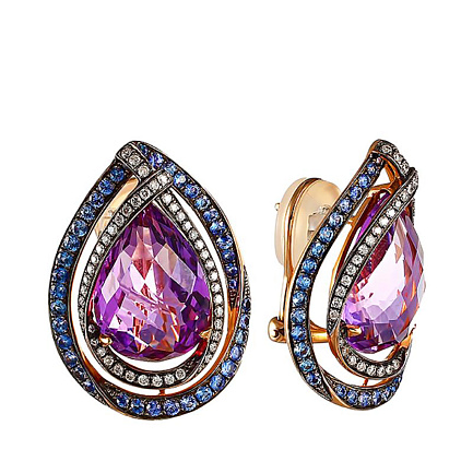 Серьги из красного золота с бриллиантами, аметистами