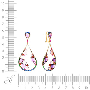 Серьги с гранатом, бриллиантами, сапфирами, рубинами, цаворитами, аметистами из красного золота