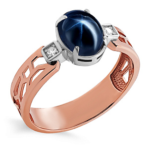 Кольцо из красного золота с бриллиантами, сапфиром