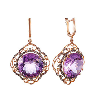 Серьги с английским замком из красного золота с бриллиантами, аметистами