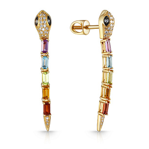 Серьги-пусеты с гранатом, хризолитами, цитринами, топазами, аметистами, бриллиантами из желтого золота