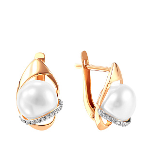 Серьги из красного золота с жемчугом, фианитом