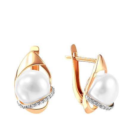 Серьги из красного золота с жемчугом, фианитом