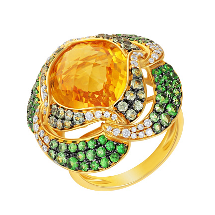 Кольцо из желтого золота с бриллиантами, сапфирами