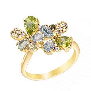 Кольцо из желтого золота с бриллиантами, празиолитами, кварцами, перидотами