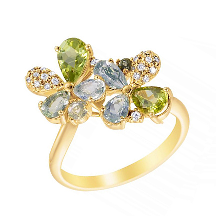 Кольцо из желтого золота с бриллиантами, кварцем