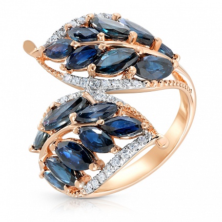 Кольцо из красного золота с бриллиантами, сапфирами