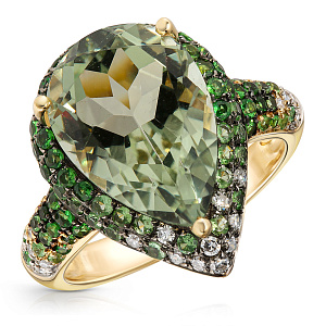 Кольцо из желтого золота с бриллиантами, цаворитами