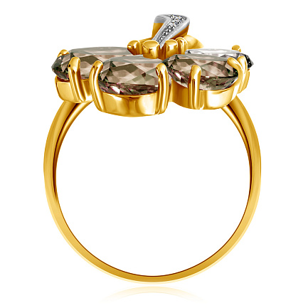 Кольцо из желтого золота с раухтопазом, фианитом