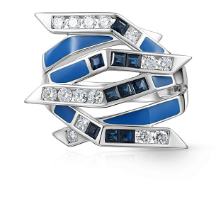 Кольцо из белого золота с бриллиантами, сапфирами и эмалью