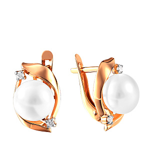 Серьги из красного золота с жемчугом, фианитом