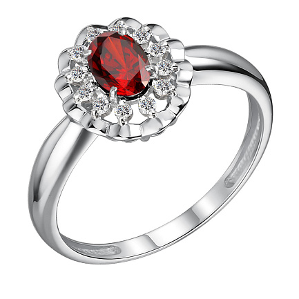 Кольцо из серебра с гранатом, фианитами