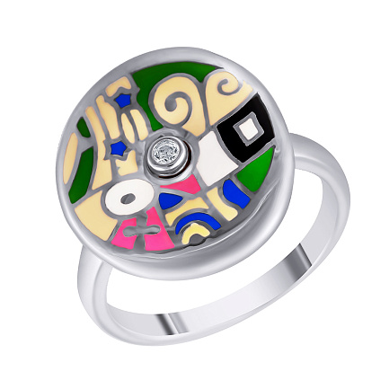 Кольцо из серебра с фианитом, эмалью