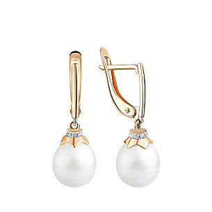 Серьги с английским замком из красного золота с жемчугом, фианитом