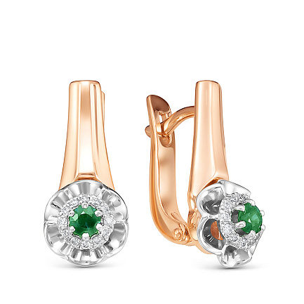 Серьги из красного золота с бриллиантами, изумрудами