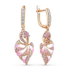 Серьги с английским замком из серебра с фианитом, эмалью и золочением