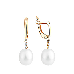 Серьги с английским замком из красного золота с жемчугом и фианитом