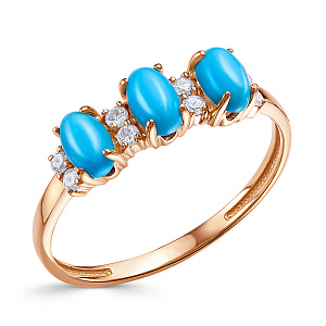 Кольцо из красного золота с бриллиантами, бирюзой