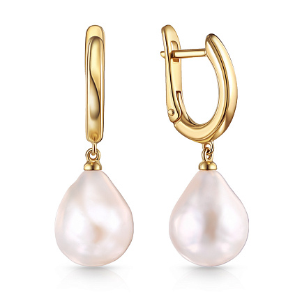 Серьги с английским замком из желтого золота с жемчугом