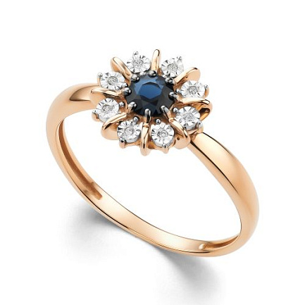 Кольцо из красного золота с бриллиантами, сапфиром