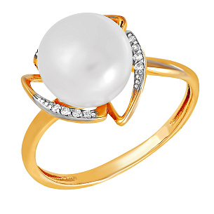 Кольцо из красного золота с жемчугом и фианитом