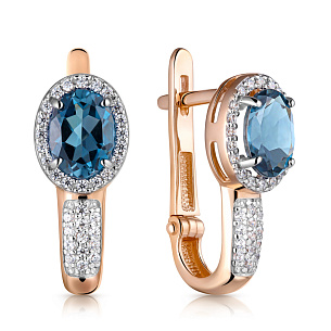 Серьги с английским замком из красного золота с топазом, фианитом