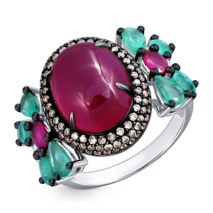 Кольцо из белого золота с бриллиантами, изумрудами