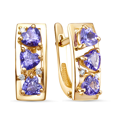 Серьги из желтого золота с бриллиантами, танзанитами