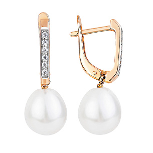 Серьги с английским замком из красного золота с жемчугом и фианитом