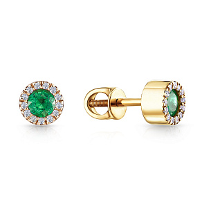 Пусеты из желтого золота с бриллиантами и изумрудами