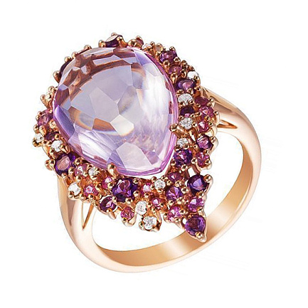 Кольцо из красного золота с бриллиантами, аметистом