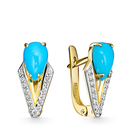 Серьги из желтого золота с бриллиантами, бирюзой