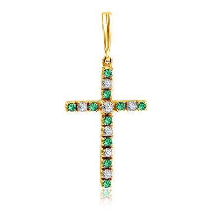 Крест декоративный из желтого золота с бриллиантами, изумрудами