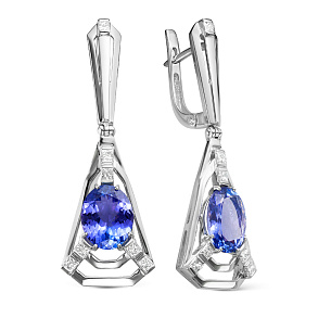 Серьги с английским замком из белого золота с танзанитами, бриллиантами
