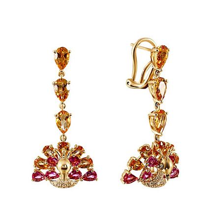 Серьги из желтого золота с бриллиантами, цитринами