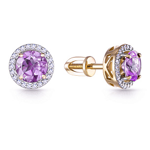 Серьги Пусеты из желтого золота с бриллиантами и аметистом