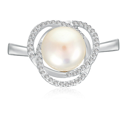 Кольцо из серебра с жемчугом, фианитом