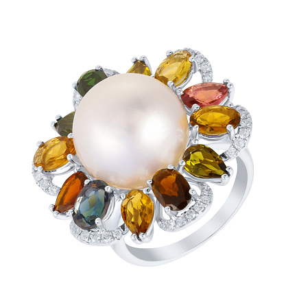 Кольцо из белого золота с бриллиантами, жемчугом