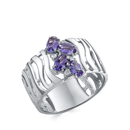 Кольцо из белого золота с бриллиантами, танзанитами