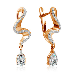 Серьги с английским замком из красного золота с фианитом, фианитом