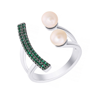 Кольцо из серебра с жемчугом, фианитом